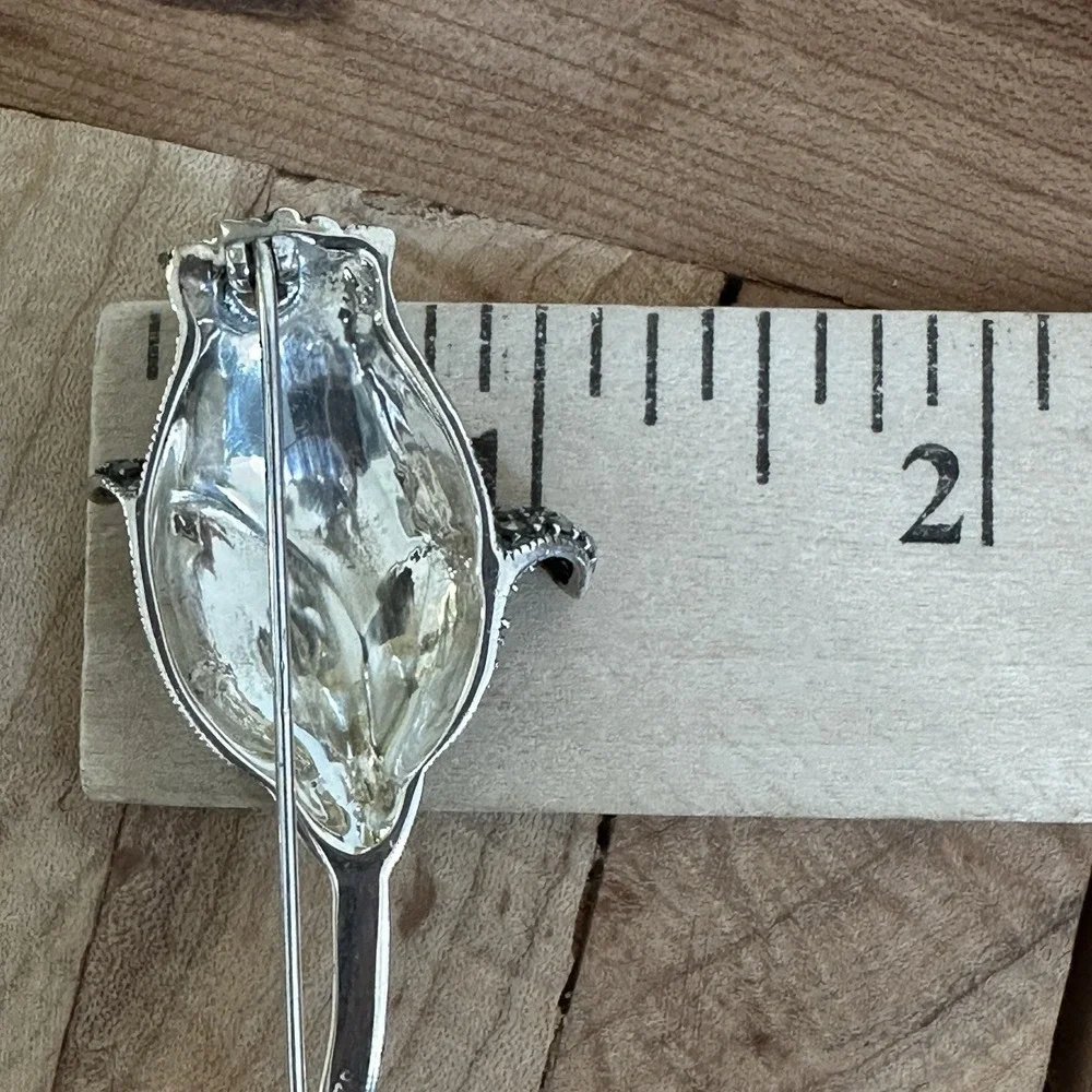 VTG Sterling Silver 925 Marcasite Rose Tulip Flower Brooch 3 Inch 11.3g Deco MCM
